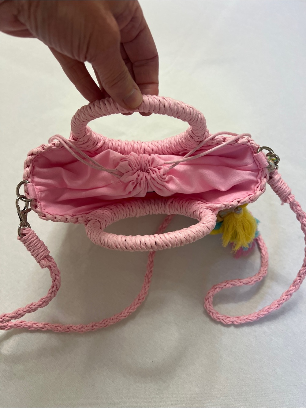 Most Wanted USA Pastel Pink Straw Top Handle Crossbody Boho Bag Tassels PomPom - Picture 7 of 12